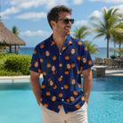 Real-life photo of someone wearing Men's Orange Oddities Custom Face Hawaiian Shirt — custom faces printed all-over