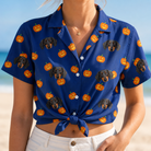 Woman wearing Women's Orange Oddities Custom Dog Face Hawaiian Shirt tied at the waist