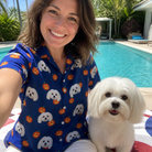 Selfie with the pet whose face is printed all over this Women's Orange Oddities Custom Dog Face Hawaiian Shirt