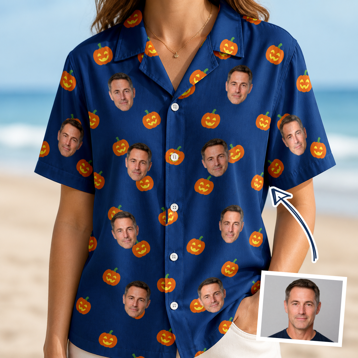 Woman wearing Women's Orange Oddities Custom Face Hawaiian Shirt — custom faces printed all-over