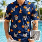 Man wearing Men's Orange Oddities Custom Cat Face Polo Shirt — custom faces printed all-over
