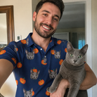 Selfie with the pet whose face is printed all over this Men's Orange Oddities Custom Cat Face Polo Shirt