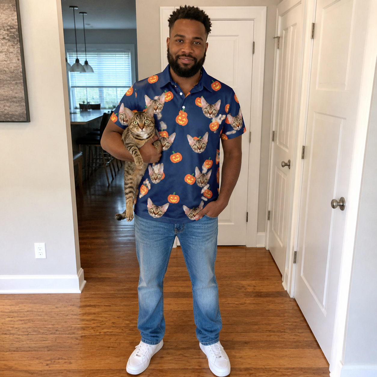 Full-length photo with the pet printed all over this Men's Orange Oddities Custom Cat Face Polo Shirt