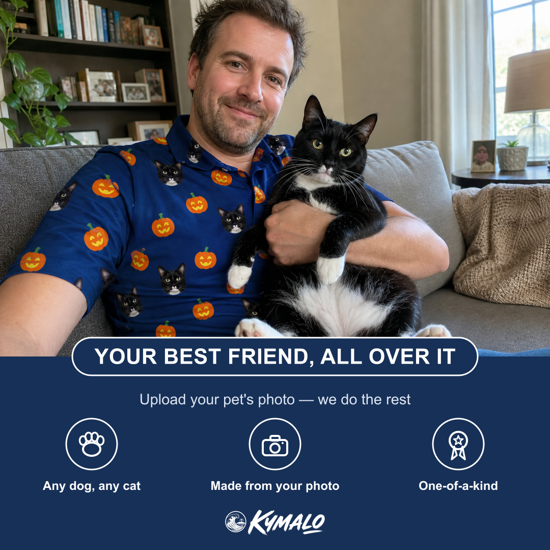 Friends in matching Men's Orange Oddities Custom Cat Face Polo Shirt — a group gift photo