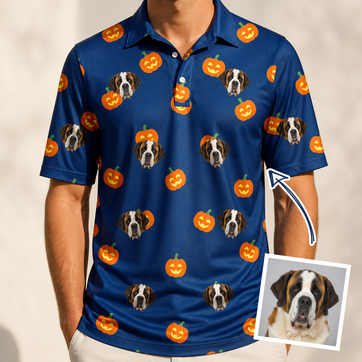 Man wearing Men's Orange Oddities Custom Dog Face Polo Shirt — custom faces printed all-over