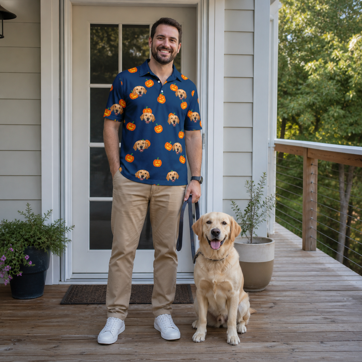 Full-length photo with the pet printed all over this Men's Orange Oddities Custom Dog Face Polo Shirt
