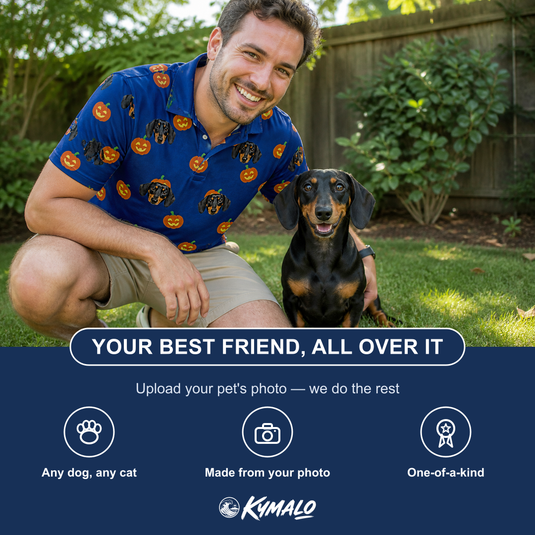Friends in matching Men's Orange Oddities Custom Dog Face Polo Shirt — a group gift photo