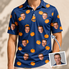 Man wearing Men's Orange Oddities Custom Face Polo Shirt — custom faces printed all-over