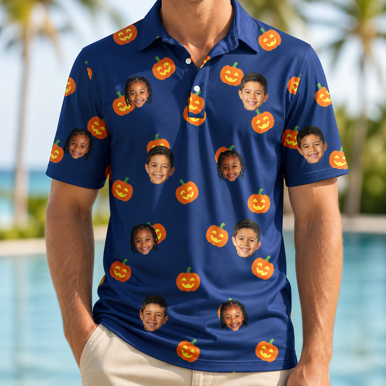 Model wearing Men's Orange Oddities Custom Face Polo Shirt printed with kids' faces