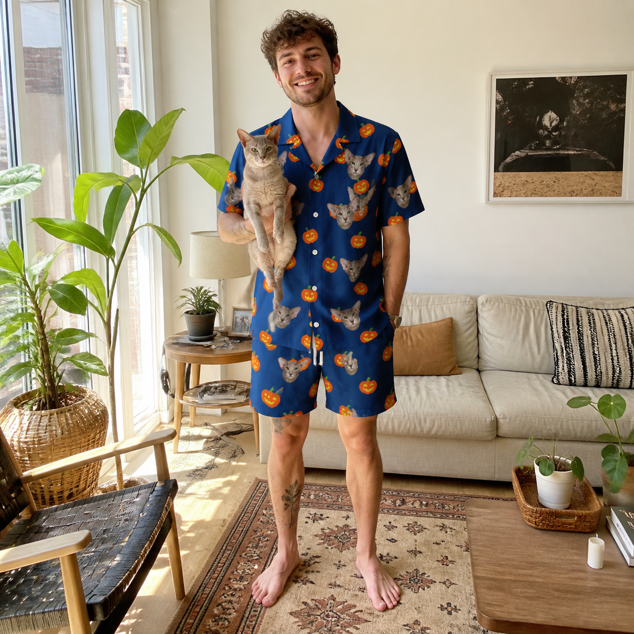 Full-length photo with the pet printed all over this Men's Orange Oddities Custom Cat Face Shirt & Shorts Set