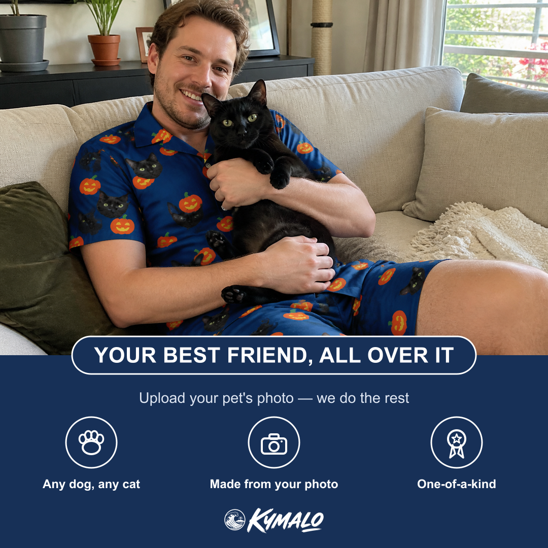 Friends in matching Men's Orange Oddities Custom Cat Face Shirt & Shorts Set — a group gift photo