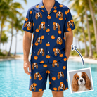 Man wearing Men's Orange Oddities Custom Dog Face Shirt & Shorts Set — custom faces printed all-over