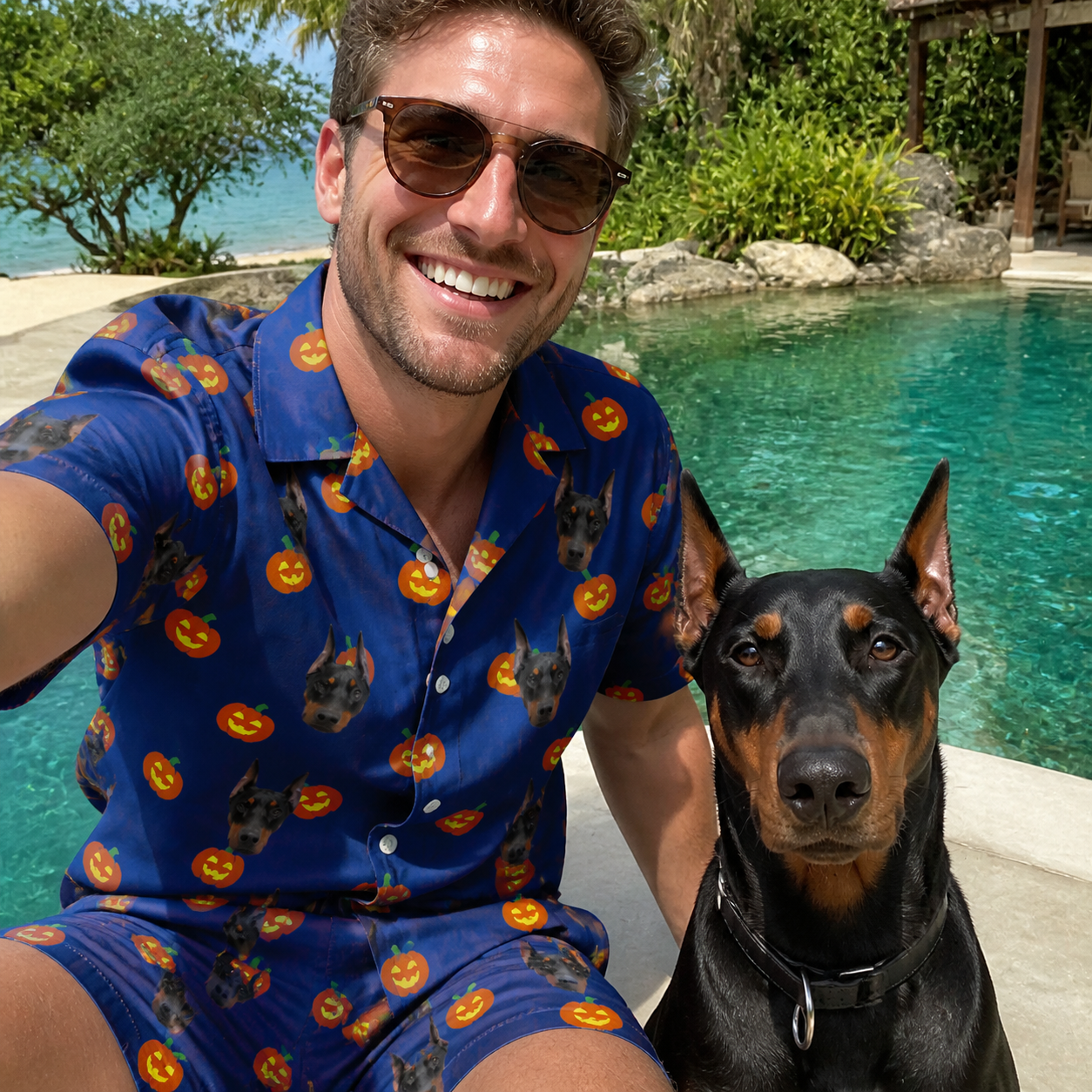 Selfie with the pet whose face is printed all over this Men's Orange Oddities Custom Dog Face Shirt & Shorts Set