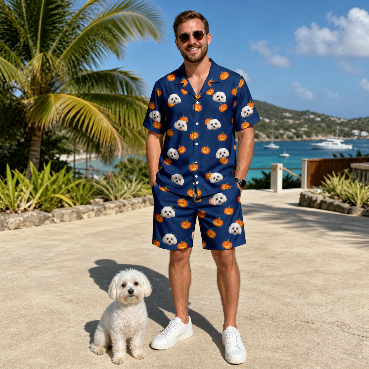 Full-length photo with the pet printed all over this Men's Orange Oddities Custom Dog Face Shirt & Shorts Set
