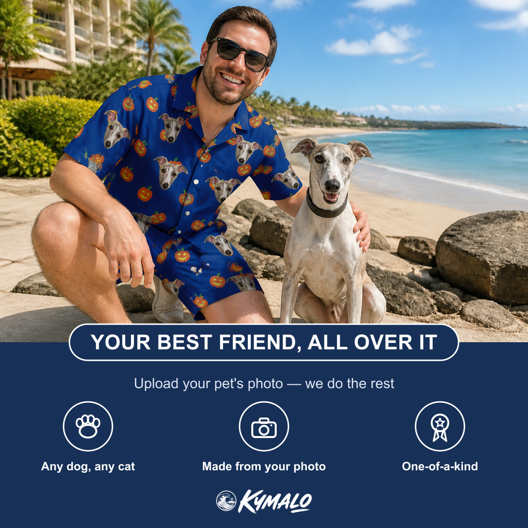 Friends in matching Men's Orange Oddities Custom Dog Face Shirt & Shorts Set — a group gift photo