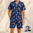 Man wearing Men's Orange Oddities Custom Face Shirt & Shorts Set — custom faces printed all-over