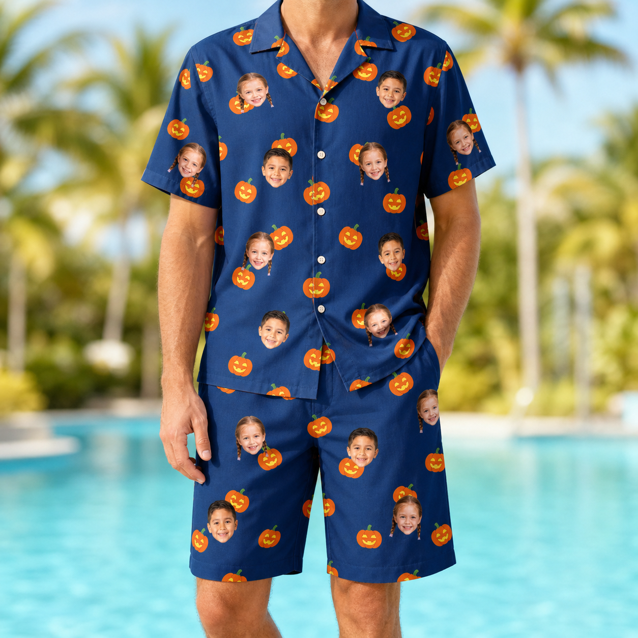 Model wearing Men's Orange Oddities Custom Face Shirt & Shorts Set printed with kids' faces