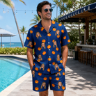 Real-life photo of someone wearing Men's Orange Oddities Custom Face Shirt & Shorts Set — custom faces printed all-over