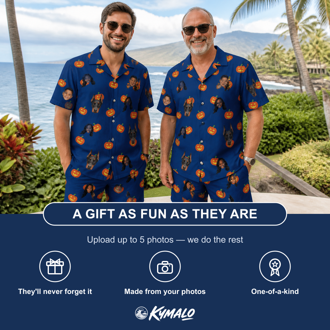 Friends in matching Men's Orange Oddities Custom Face Shirt & Shorts Set — a group gift photo