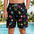 Model wearing Men's Lantern Lunacy Custom Face Beach Shorts printed with kids' faces