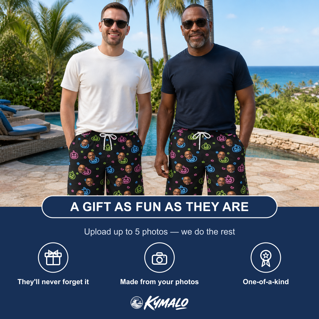 Friends in matching Men's Lantern Lunacy Custom Face Beach Shorts — a group gift photo