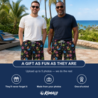 Friends in matching Men's Lantern Lunacy Custom Face Beach Shorts — a group gift photo