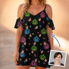 Woman wearing Women's Lantern Lunacy Custom Face Off-Shoulder Dress — custom faces printed all-over
