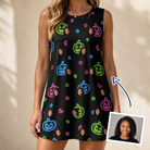 Woman wearing Women's Lantern Lunacy Custom Face Tank Dress — custom faces printed all-over