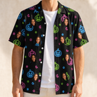 Man wearing Men's Lantern Lunacy Custom Face Hawaiian Shirt open over a white tee