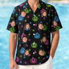 Model wearing Men's Lantern Lunacy Custom Face Hawaiian Shirt printed with kids' faces