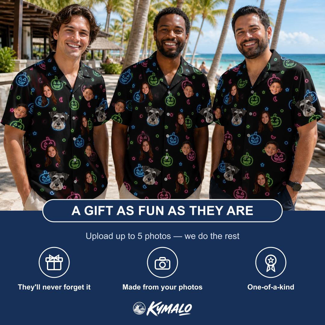 Friends in matching Men's Lantern Lunacy Custom Face Hawaiian Shirt — a group gift photo