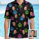 Man wearing Men's Lantern Lunacy Custom Face Polo Shirt — custom faces printed all-over