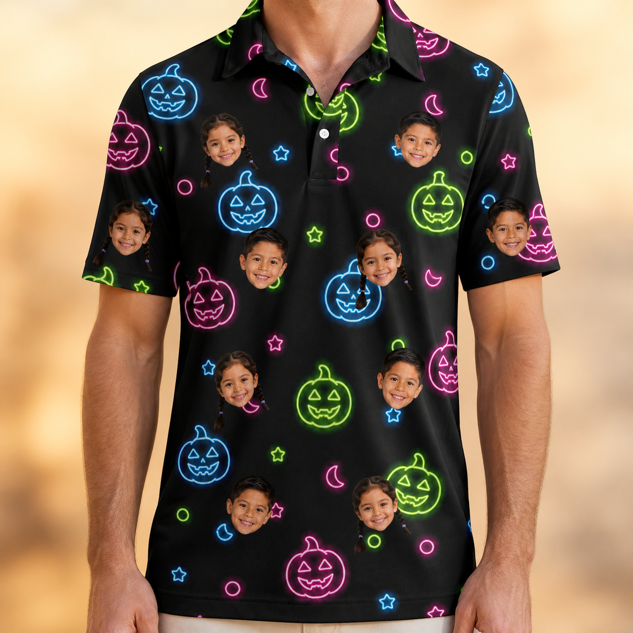 Model wearing Men's Lantern Lunacy Custom Face Polo Shirt printed with kids' faces