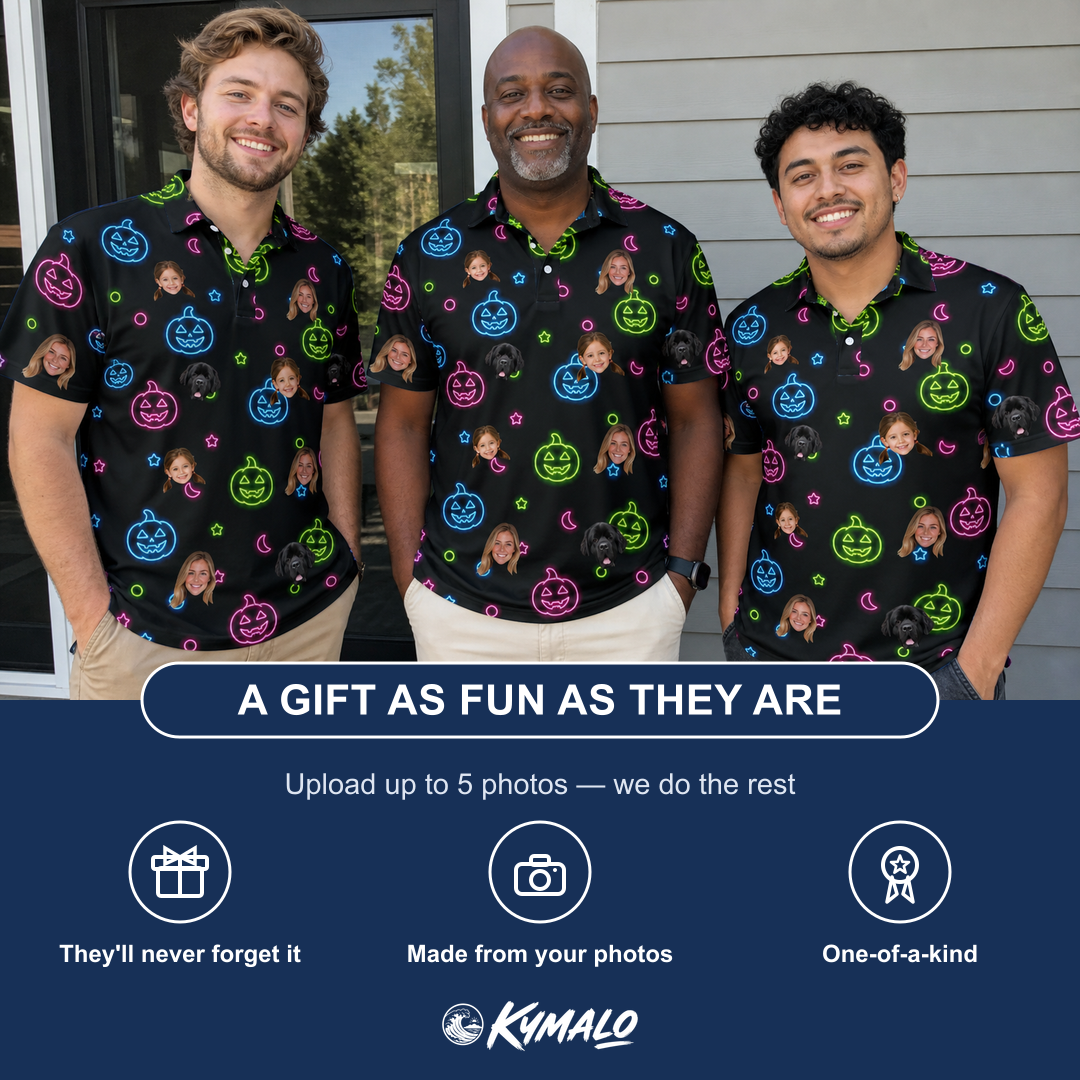 Friends in matching Men's Lantern Lunacy Custom Face Polo Shirt — a group gift photo
