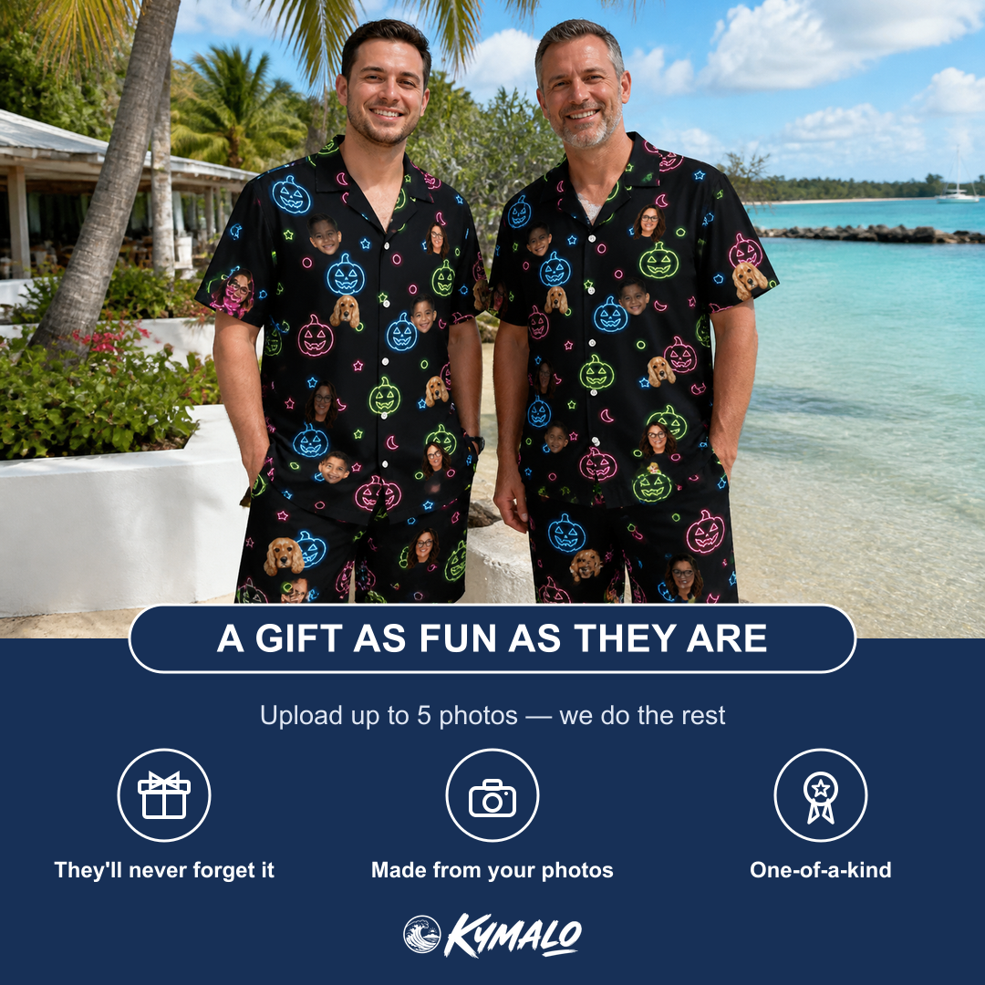 Friends in matching Men's Lantern Lunacy Custom Face Shirt & Shorts Set — a group gift photo