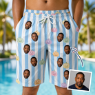 Man wearing Men's Harvest Haunters Custom Face Beach Shorts — custom faces printed all-over