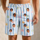 Model wearing Men's Harvest Haunters Custom Face Beach Shorts printed with kids' faces