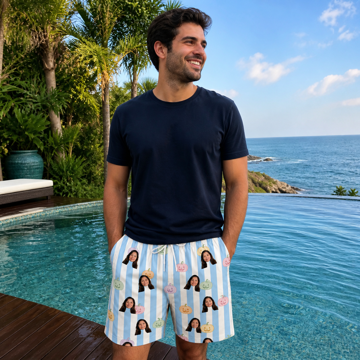 Real-life photo of someone wearing Men's Harvest Haunters Custom Face Beach Shorts — custom faces printed all-over