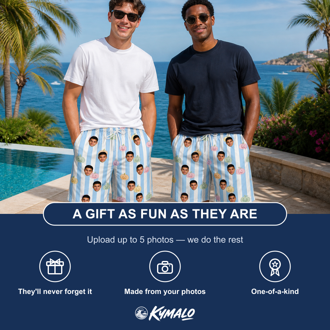 Friends in matching Men's Harvest Haunters Custom Face Beach Shorts — a group gift photo