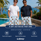Friends in matching Men's Harvest Haunters Custom Face Beach Shorts — a group gift photo