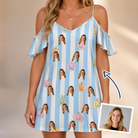 Woman wearing Women's Harvest Haunters Custom Face Off-Shoulder Dress — custom faces printed all-over