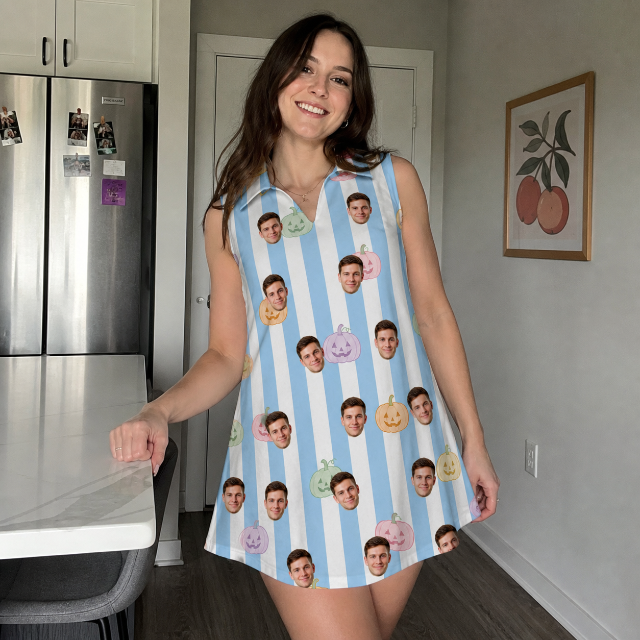Real-life photo of someone wearing Women's Harvest Haunters Custom Face V-Neck Dress — custom faces printed all-over