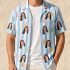 Man wearing Men's Harvest Haunters Custom Face Hawaiian Shirt open over a white tee