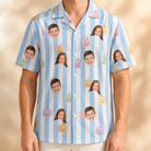 Model wearing Men's Harvest Haunters Custom Face Hawaiian Shirt printed with kids' faces