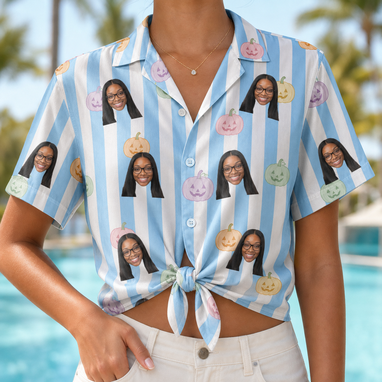 Woman wearing Women's Harvest Haunters Custom Face Hawaiian Shirt tied at the waist