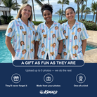 Friends in matching Women's Harvest Haunters Custom Face Hawaiian Shirt — a group gift photo