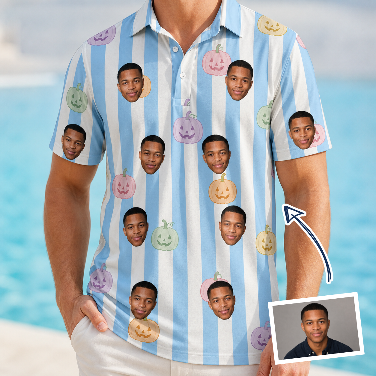 Man wearing Men's Harvest Haunters Custom Face Polo Shirt — custom faces printed all-over