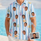 Man wearing Men's Harvest Haunters Custom Face Polo Shirt — custom faces printed all-over