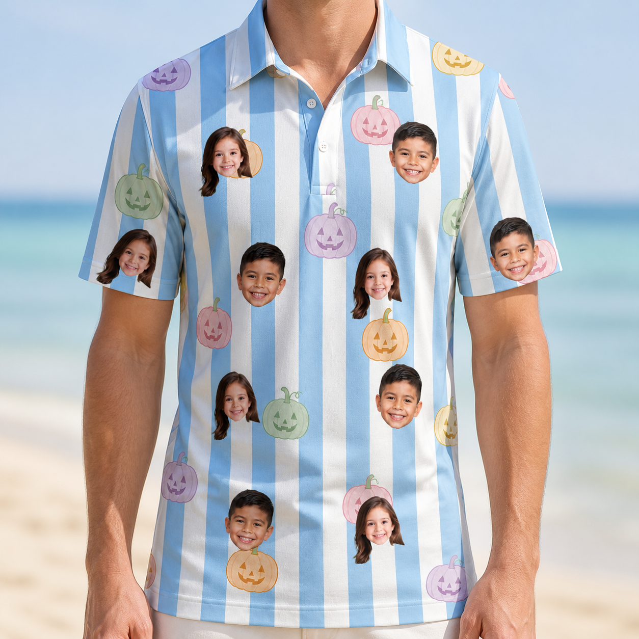 Model wearing Men's Harvest Haunters Custom Face Polo Shirt printed with kids' faces