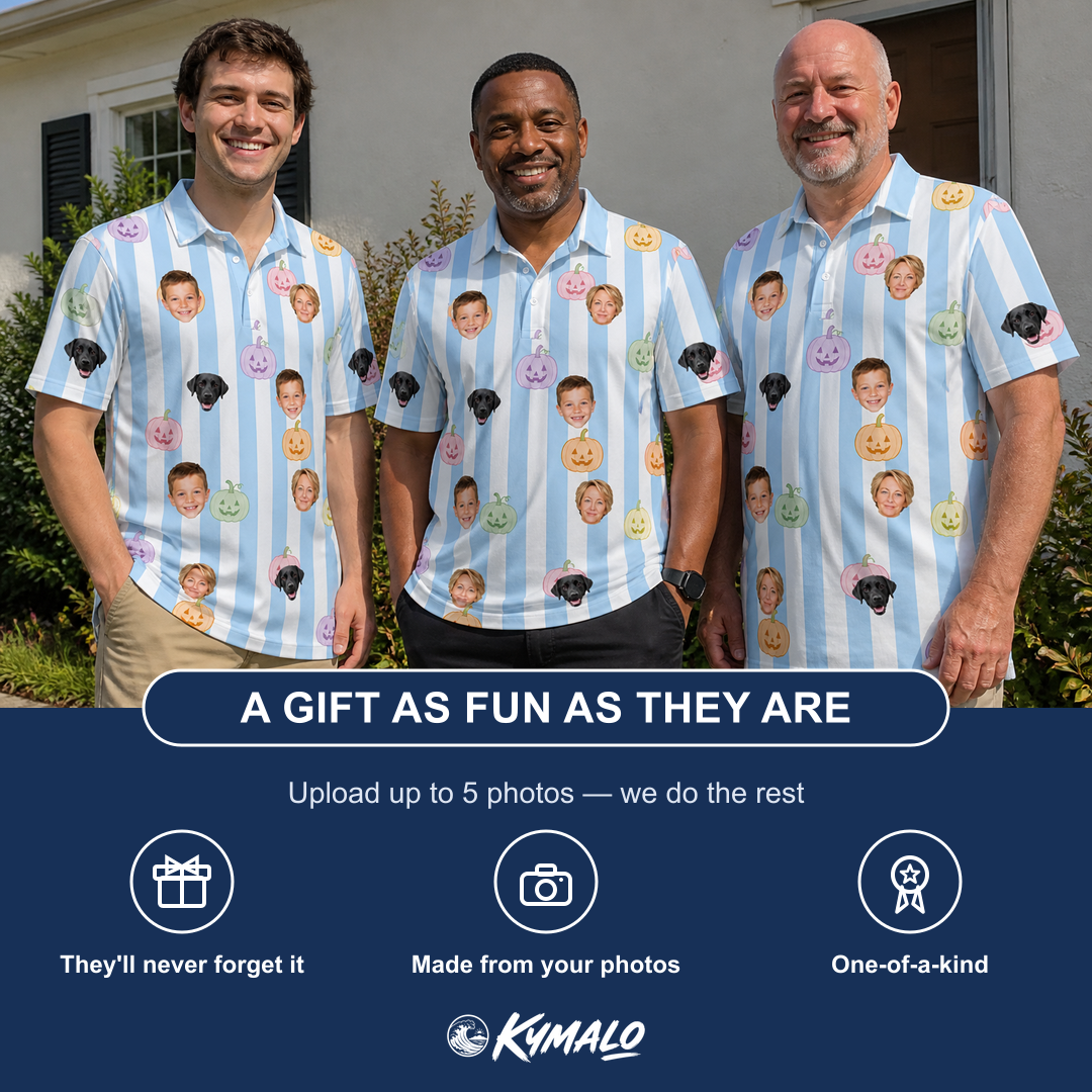 Friends in matching Men's Harvest Haunters Custom Face Polo Shirt — a group gift photo